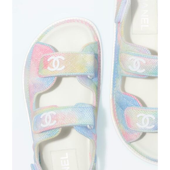 Chanel 22C Green Pink Blue White CC Logo Mule Slide Strap Flat Dad Sandal 38 - Picture 1 of 12
